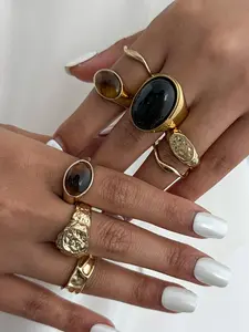 Vintage Style Artificial Gemstone Ring Set, Irregular Tiger Eye Design, Daily Wear and Holiday Gift, 8 Piece Jewelry Collection, Artificial Zircon Rings