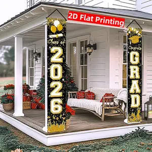 2D Flat, 2pcs 2D Flat Polyester Class of 2026 Graduation Decorations Black and Golden Congrats 2026 GRAD Porch Sign Banner for High School and College Graduation Party Decoration 12x70.8 Inches No Electricity Needed, 2D Flat