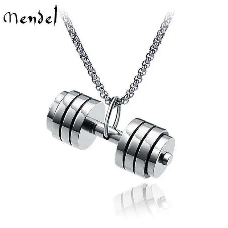 Stainless Steel Barbell Gym Weight Lifting Dumbbell Necklace Pendant