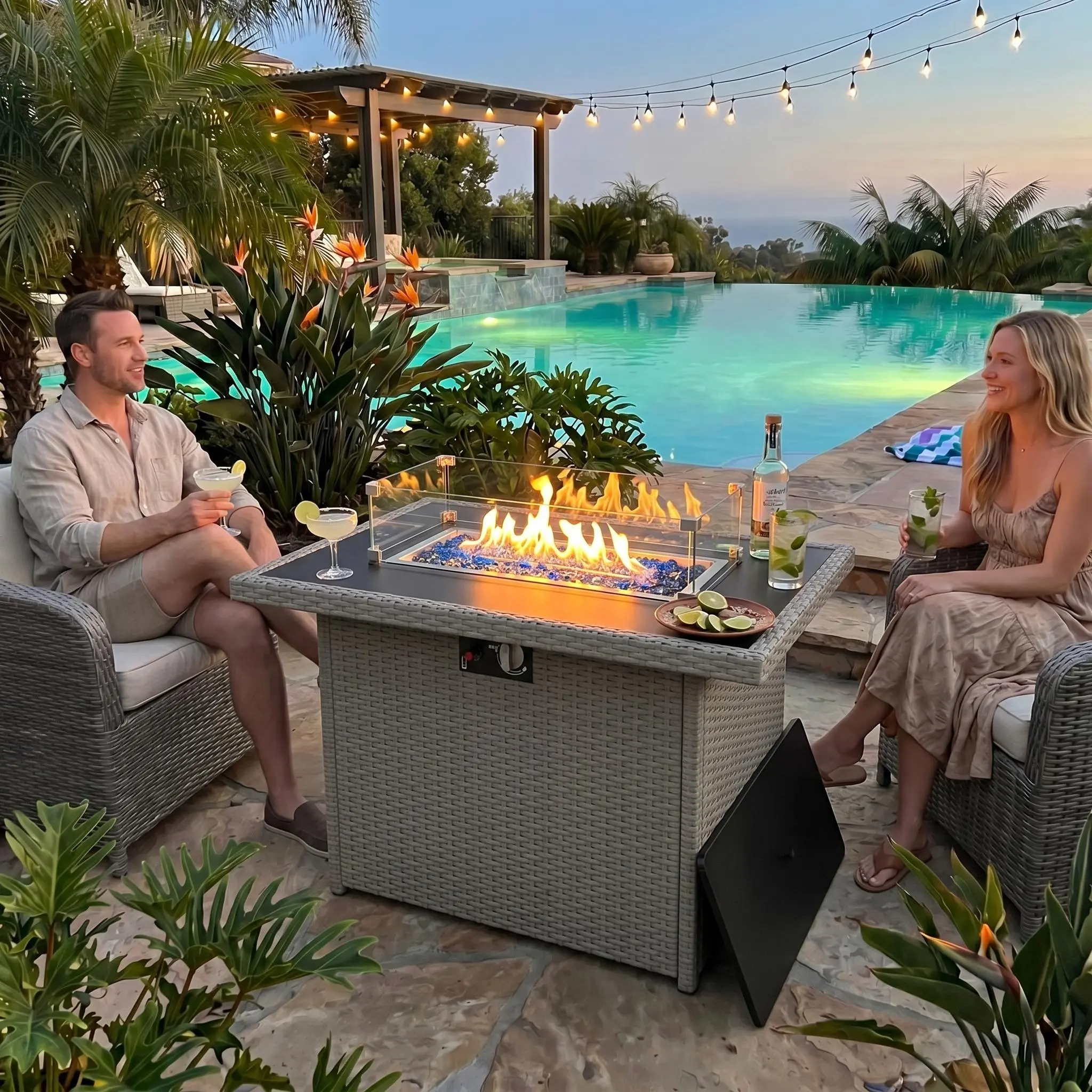LayinSun 44 Inch Outdoor Fire Pit Table for Outside Patio, 55000 BTU Rattan Rectangle Gas Fire Pit with Wind Guard & Waterproof Cover, CSA Certified