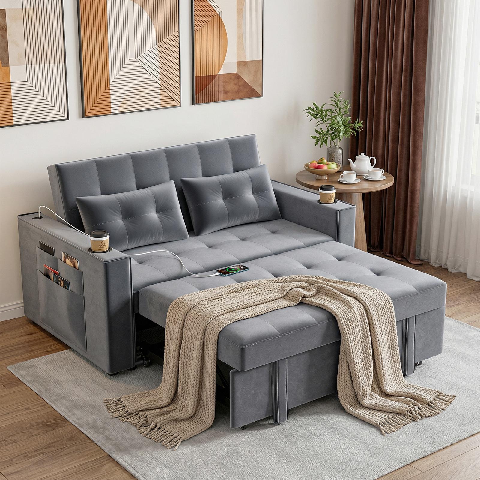 Explorinox 3-in-1 Convertible Sofa Bed Velvet Loveseat Sleeper with Adjustable Backrest Cup Holders Side Pockets USB Ports 2 Pillows Grey for Living Room