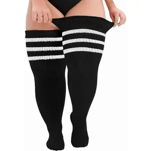 Plus Size Thigh High Socks for Women Extra Long Striped Over The Knee Leg Warmers in Black Cotton Fabric