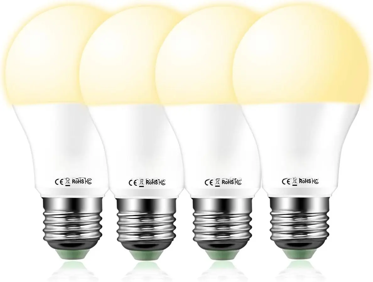 Dusk to Dawn Sensor Light Bulbs LED A19 810 Lumens, Outdoor Porch Lights, 60 Watt Equivalent, Warm White 2700K Soft White  Bulb(Auto on/Off), E26 Screw Base(4 Pack)