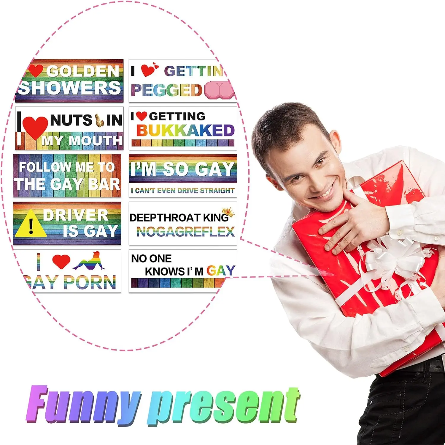 Frienda 10 Pcs Bumper Decals Funny LGBT Stickers Rainbow Bumper Prank Car Stickers Colorful Car Accessories for Truck Vehicle Luggage Window Refrigerator(Magnetic,Classic Style)