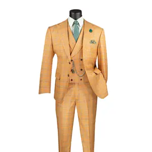 Men’s Orange Modern Fit Windowpane 3-Piece Suit with Double-Breasted Vest MV2W-3