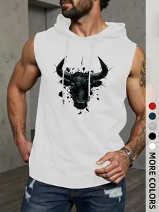 Men's Bull Head Graphic Hooded Design Sleeveless Tank Top – Streetwear Vibes Sportswear Bodybuilding Vest, Multiple Color Options