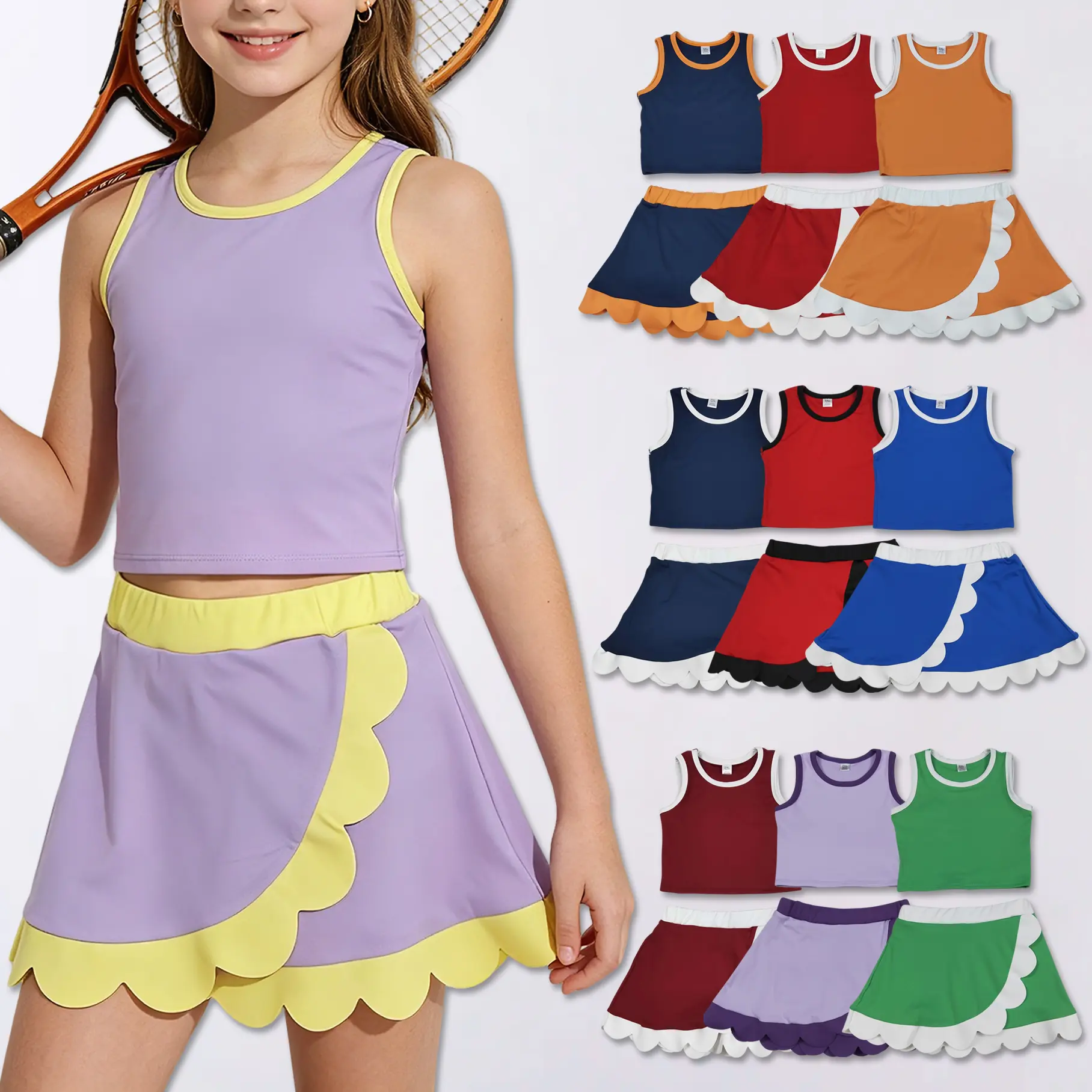 Girls' Athletic Tennis Skirt Outfit Set - Cute Scallop Trim Tennis Attire with Built-in Shorts, Quick Dry Kids Girls Clothing for Summer Sports