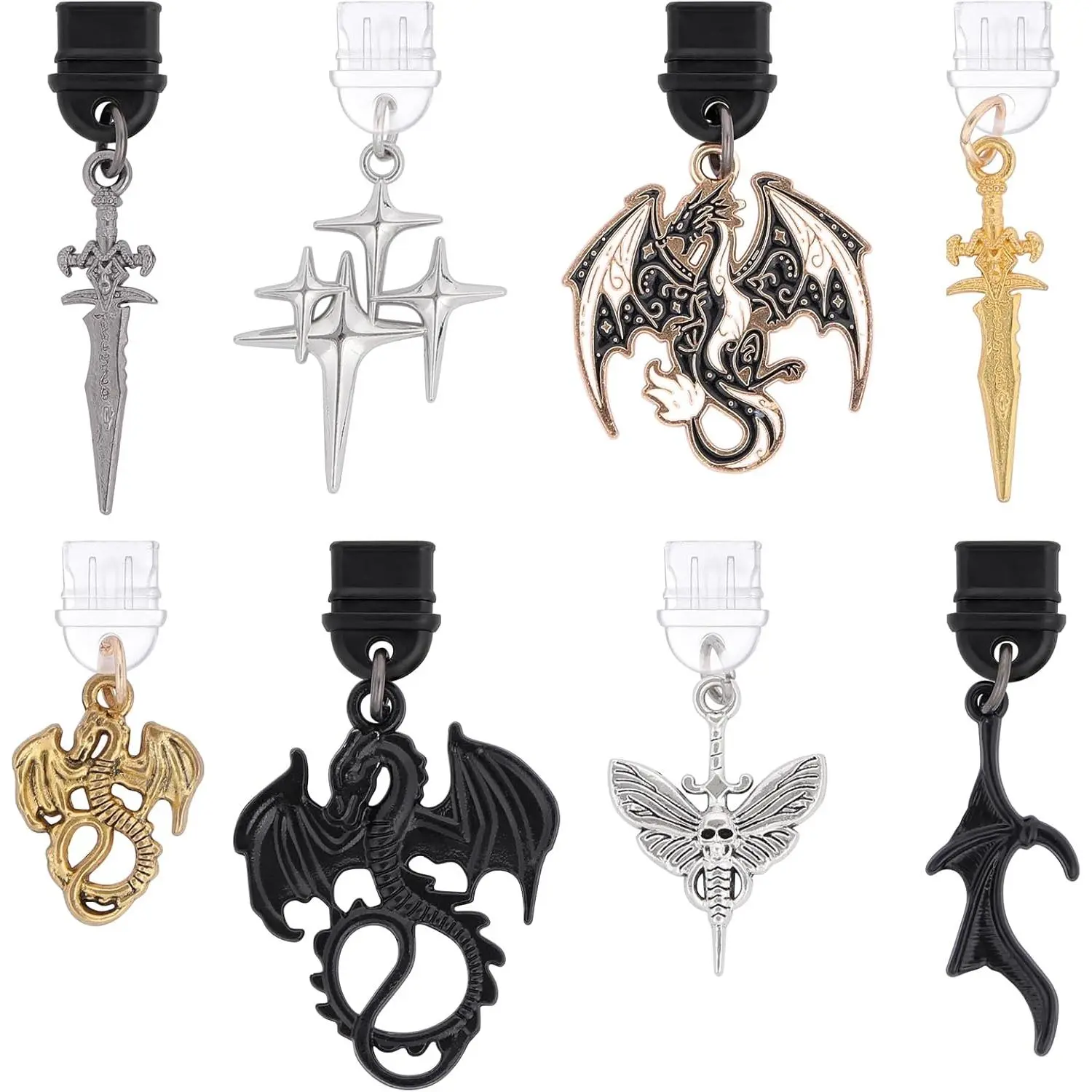 F-PCS05  8 Pack Dust Plug Charms for Kindle - Wyvern Dragon and Dagger Charging Port Cover, Mystical Aesthetic Pendants for Phone Type C/USB C, Gift for Witchy Bookish Students E-Reader Accessory