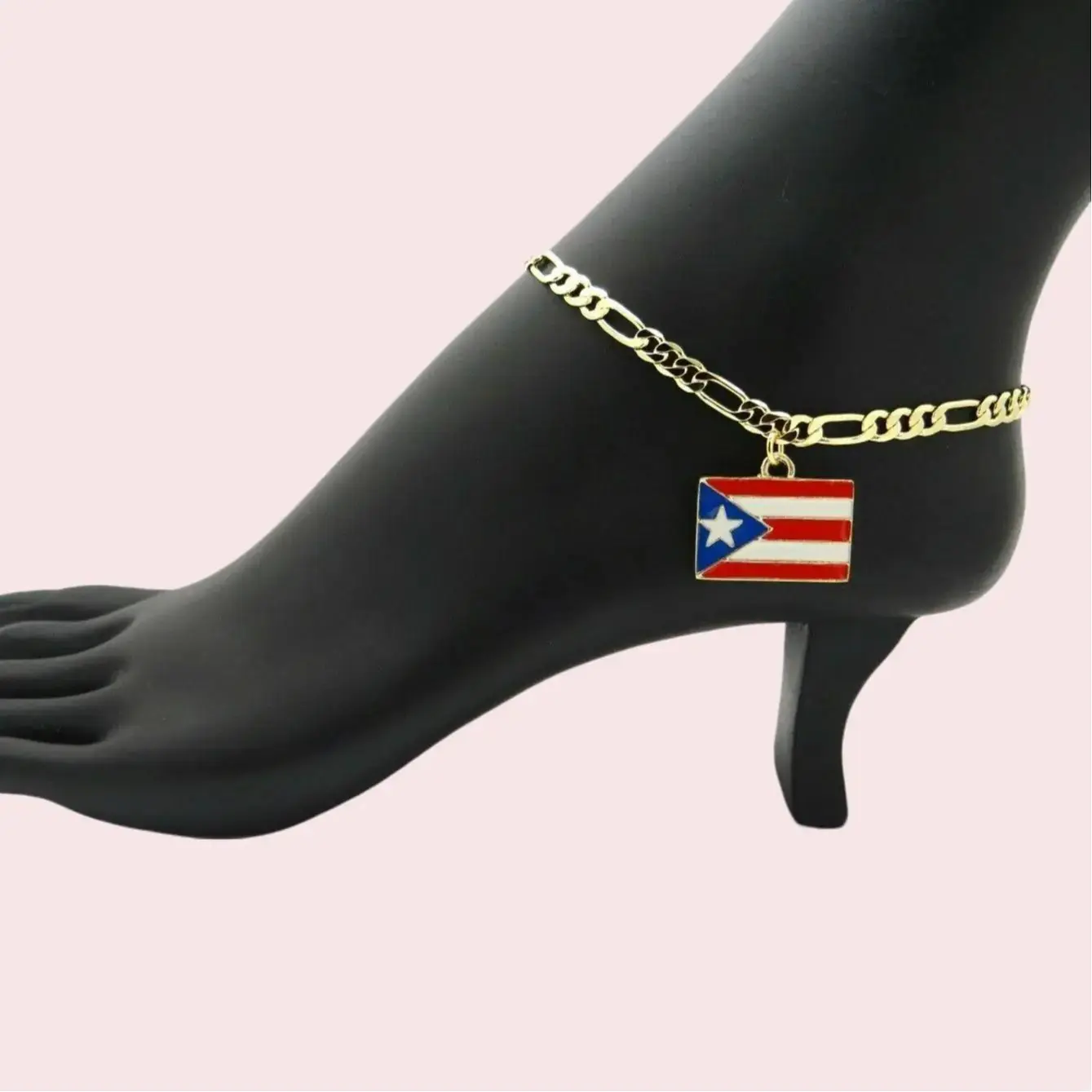 MaxBling81 Women's Bling Bling Caribbean Style Charm Jewelry Anklet - Rhodium-Plated Alloy, Puerto Rico/Dominican Republic/Jamaica Flag Charm, 5mm 10" Brass Figaro Chain, Daily Wear Fashion Accessory, Charm Jewelry Anklets, Bling Bling Anklets