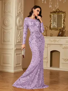 hezixi Stretchy Sequin Dress, Comfortable Fit For Different Body Types, Sheer Round Neck Long Sleeve Bodycon Mermaid Hem Formal Gown