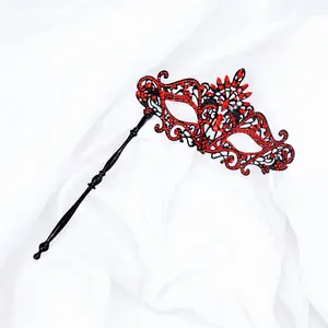Crystal Masquerade Mask with Stick Silver Masquerade Mask for Masquerade Ball Theatrical Mask Wedding Party Prom Party Red & Black