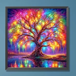 5D DIY Full Round Drill Diamond Painting Colorful Tree by the Lake Decor 30x30cm (B)