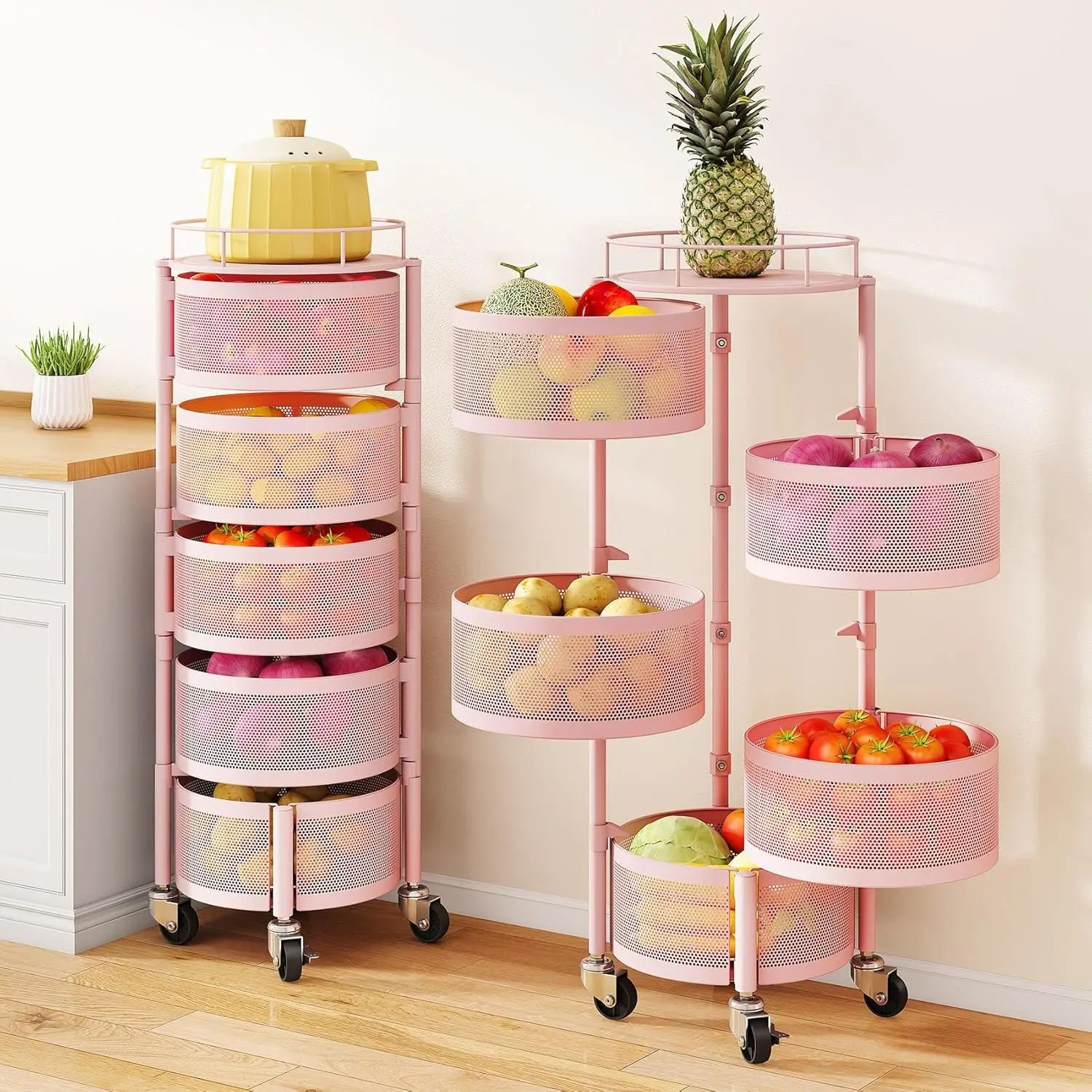 Premium Steel 5-Tier Hollow Rotating Kitchen Storage Rack with Baskets, Fruit & Vegetable Holder, Top Lid, Large Wire Wheels, Pink - Home Supplies for Craft Room, Laundry Room, Premium Steel Metal