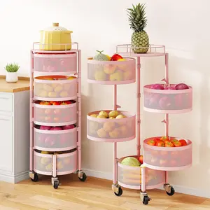 5-Tier Hollow Steel Rotating Storage Cart with Basket Racks, Kitchen Fruit Vegetable Organizer, Top Lid, Large Metal Wire Wheels, Pink