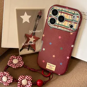 Korean Colorful Stars Plating Leather Texture With Lanyard Phone Case For iPhone 17 16 15 14 13 12 11 Pro Max Shockproof Cover