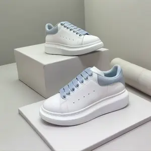 White Lace-Up Plain Sneakers - Comfortable Stylish Closed Footwear, Light Blue Laces, Sizes 34-45, Running Walking Sports Shoes, Trainer for Daily Casual Use (Home Supplies Rain Shoes & Covers Category)