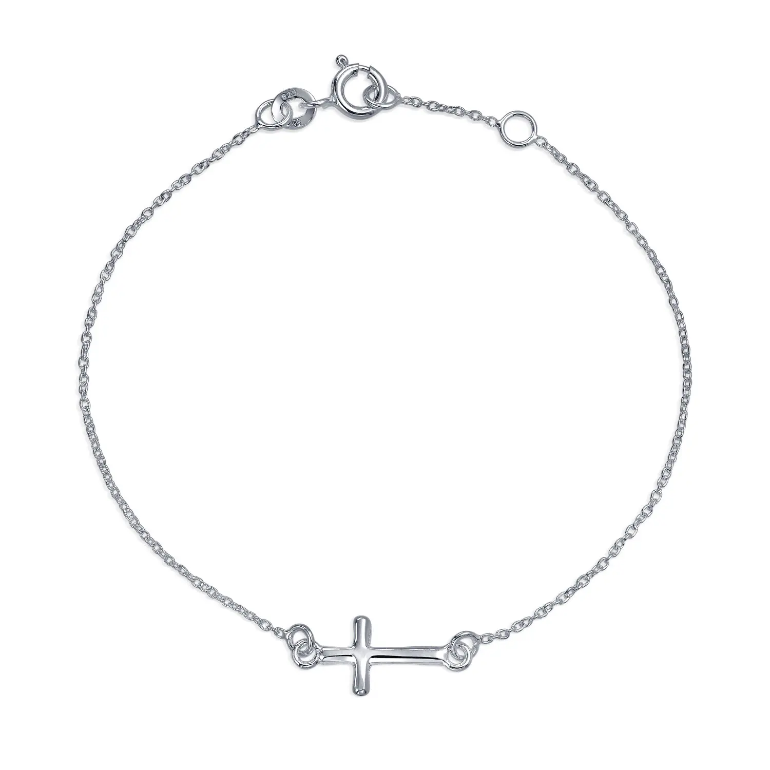 .925 Sterling Silver Minimalist Sideways Cross Bracelet Religious Spiritual Adjustable 7-8 Inch