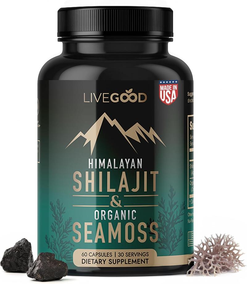LIVEGOOD Himalayan Shilajit and Organic Sea Moss Capsules, Fulvic Acid Organic, Sea Moss and Shilajit Combo for Energy, Wellness and Vitality Support, Supports Focus and Mental Clarity (60 Count)