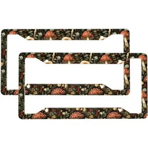2 Pcs Car License Plate Frames for Women Men - Aluminum Solid Retro Mushroom Plant Print License Plate Cover for Car Accessories for Women Men with Fasteners and Screws ﻿