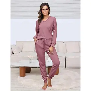 Women’s two-piece casual set, waffle-knit long-sleeve pullover, top and jogger pants, sportswear GARMENTARY