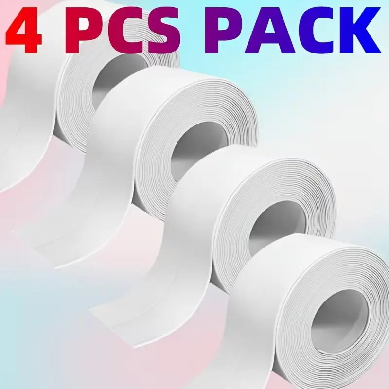 4 Pack Water-Resistant Self-Adhesive PVC Caulk Strip Tape, White Mold & Mildew Resistant Sealing Trim for Toilet Base, Bathtub, Sink, Kitchen Countertop