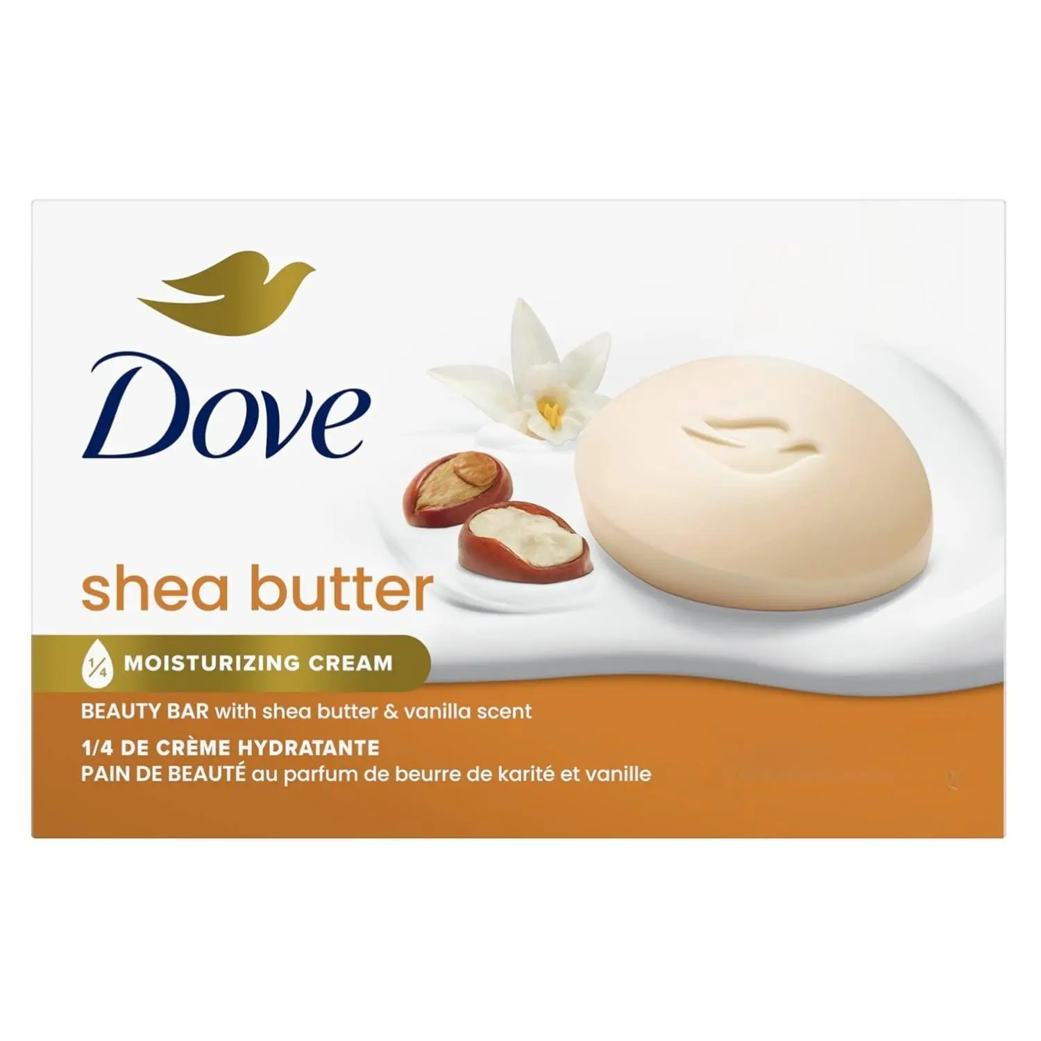Dove Shea Butter Beauty Bar Cleanser, 4-Count Multi-Pack (3.75 oz) Sulfate-Free Hydrating Vanilla-Scented Cream for Normal Skin, Bath & Shower Body Care Item, Moisturizing, Youth, Cruelty Free, Anti-Aging, Wet, Lather, Face/Body, Combination, Moisturizer,