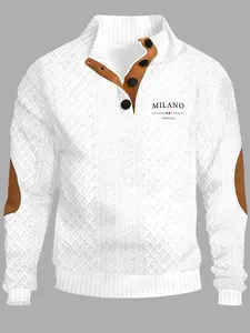 Men's Milano Letter Print Long Sleeve Casual Golf Polo Shirt, Half Button Design, Casual Commute Wear, Perfect Gift, Fall & Winter Fashion