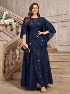 MISSMAY P84132A Plus Size Elegant Butterfly Sleeve Chiffon Floral Sequin Lace Contrast Mesh Mermaid Hem Evening Party Long Dress, Elegant Formal Prom Wedding Guest Gown, Winter Dress, New Year Dress, For Graduation, Dinner, Festivals