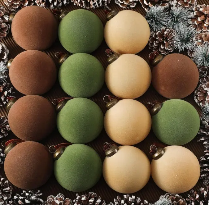 15 Pcs Velvet Christmas Balls Bulk Flocked Ball Ornaments Plastic Balls Xmas Decorative Christmas Tree Decoration (Brown, Green, Beige,3.15 Inch)