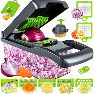 13-In-1 versatile vegetable chopper, Vegetable Cutting Slicer, lightweight plastic onion slicer, dicer and cutter with 7 interchangeable blades, egg liquid separator and container - can be used without electricity