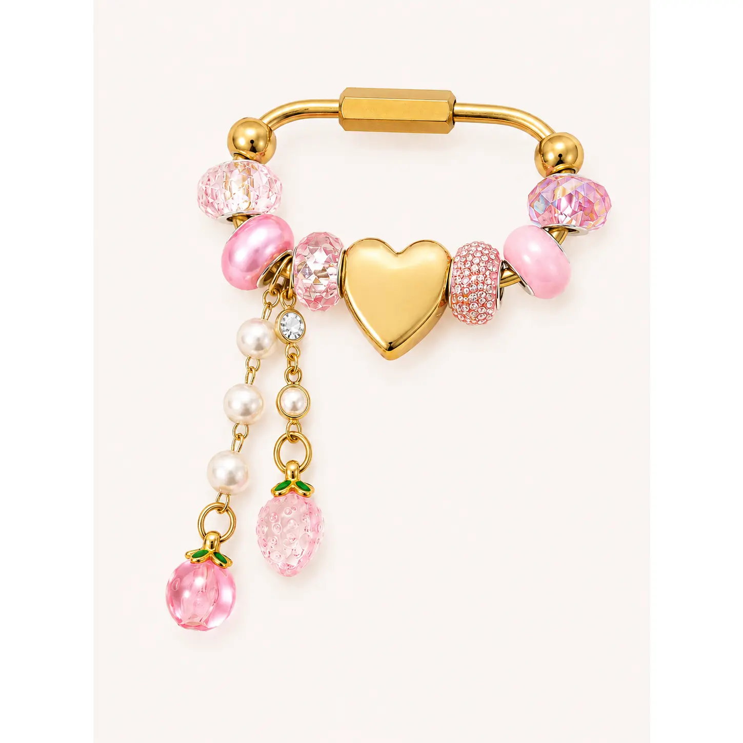 Pink Carabiner Bag Charm with Gold Heart Slider - Handmade Gold Brass Bag Charm & Keychain Accessory