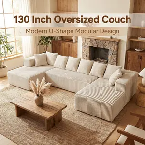130" Boneless U Shaped Modular Sectional Corduroy Sofa for Living Room 4 Seats Oversized Spacious Wale Design No Assembly Required