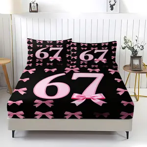 Creative pattern printed bedsheet with number 67 and bow tie, soft and comfortable 3D digital printed bedding, Bed Sheets Set, anti slip dust cover suitable for bedroom decoration, including 1 bedsheet and 2 pillowcases