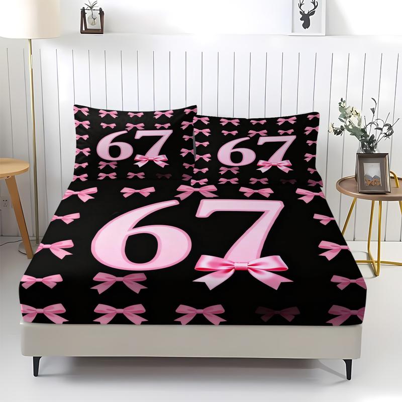 Creative pattern printed bedsheet with number 67 and bow tie, soft and comfortable 3D digital printed bedding, Bed Sheets Set, anti slip dust cover suitable for bedroom decoration, including 1 bedsheet and 2 pillowcases