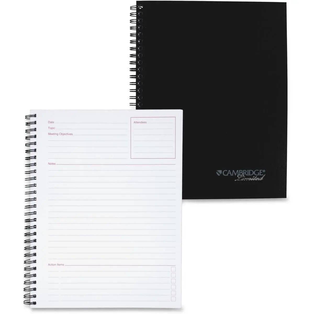 Mead MEA06982 Twin-Wire Binding Meeting Notebook, Black Linen Cover, 0.74 lbs, Both-Side Ruling Surface, Ruled Pages, Paper-Based Core, Action List, Special Note-Taking Areas, Checkboxes