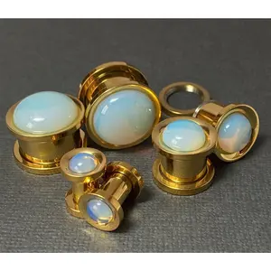 PAIR Opalite Stone Dome Gold Steel Screw Fit Tunnels Gauge Plugs Body Jewelry