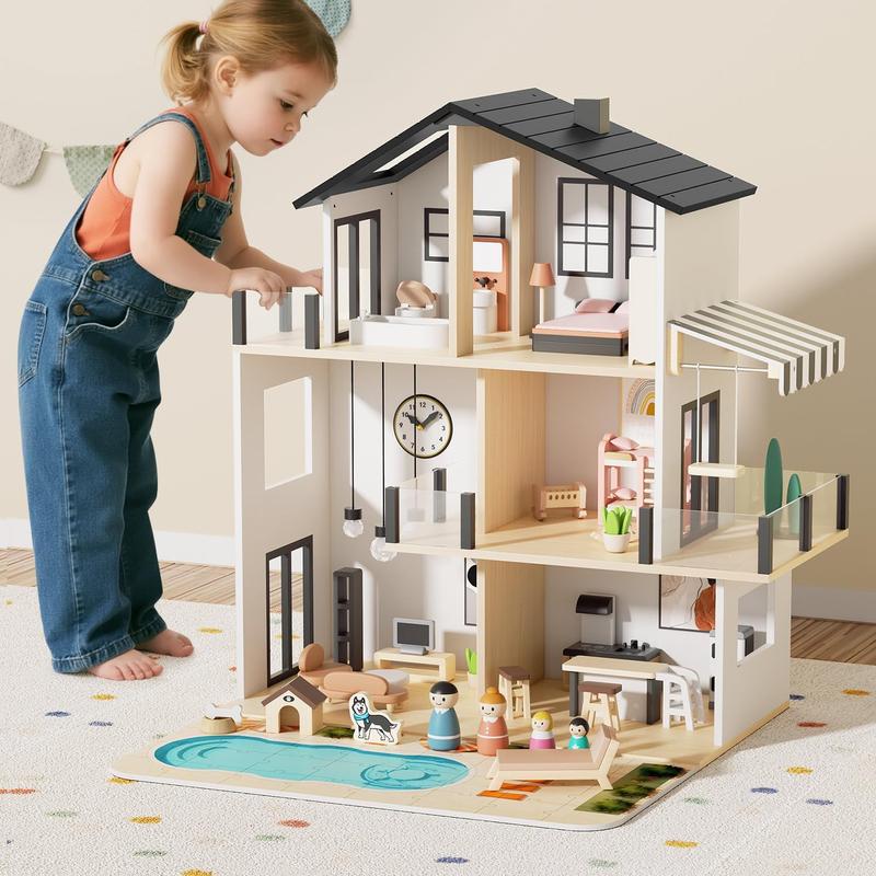 BIERUM Large Modern Wooden Dollhouse with 49Pcs Furniture, Dolls & Pets，DIY Puzzle Pool & Yard, Ideal Gift for Boys & Girls 3+