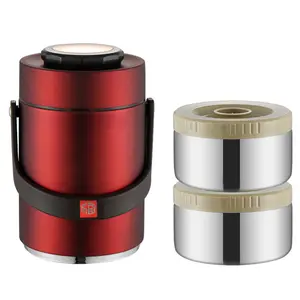 2-Tier Stackable Insulated Food Jar 1.5L Bento Lunch Box Stainless Steel Food Container for School Office Picnic（Red）