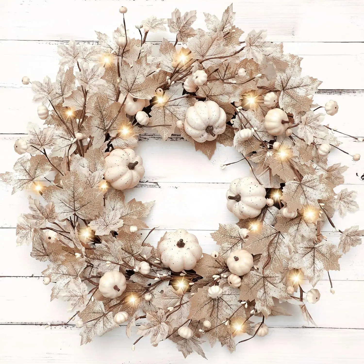 26 Inch Large Foldable Fall Wreath for Front Door with Lights Timer, Autumn Maple Leaf Pumpkin Wreaths & 88 Silk Maple Leaves 22 Pumpkins Indoor Decorations for Home Thanksgiving Harvest Decor