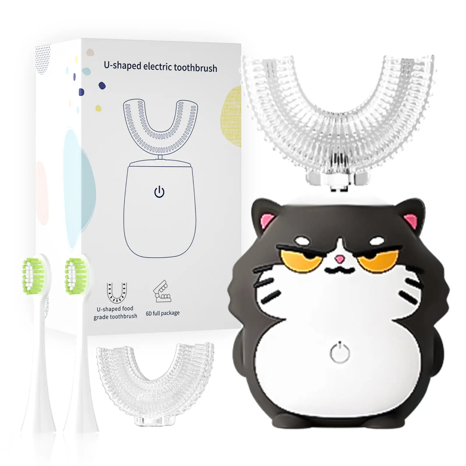 Kids Electric Toothbrush U-Shaped，6 Brush Heads Five Cleaning Modes IPX7 Waterproof Design Mermaid Rechargeable Smart Timer for Children-Kids