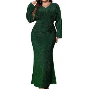 Women's Plus Size Evening Dress Shiny Long Sleeve V-Neck Slim Fit Long Dress Formal Prom Dress