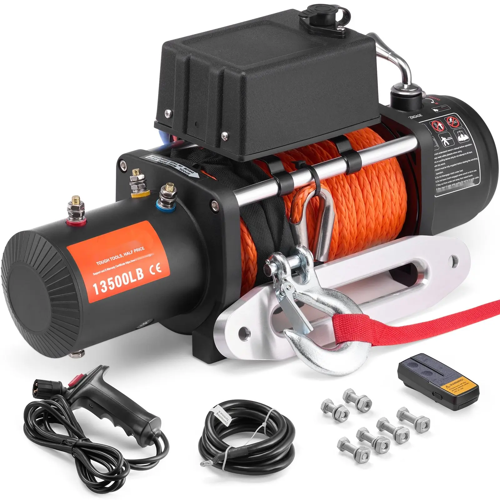 Electric Winch For Truck 13,500 Lb Heavy Duty Recovery Winch With Synthetic Rope, Waterproof Construction, Remote Control, Universal Mount, 4x4 Off-Road Vehicle Recovery And Towing Equipment