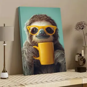 1-Piece Artistic Wooden Framed Canvas Painting - Decorative Sloth with Glasses, Thick Frame High-Definition Print, Ideal Gift for Bedroom, Living Room Wall Decor