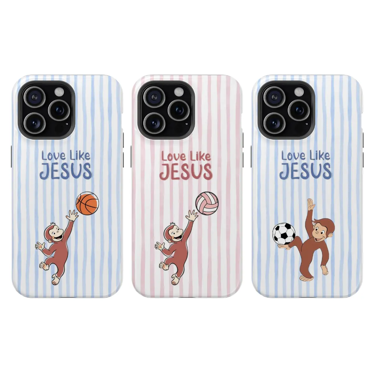 Love Like Jesus Sports Curious George Monkey Phone Case, Pastel Stripes with Volleyball, Basketball, Soccer Vibes Case Cover Compatible With iPhone 16 15 14 13 12 11 Pro Max X XS, Galaxy S25 S24 S23 S22 Ultra, PBS Kids TV