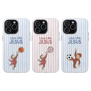 Love Like Jesus Sports Curious George Monkey Phone Case, Pastel Stripes with Volleyball, Basketball, Soccer Vibes Case Cover Compatible With iPhone 16 15 14 13 12 11 Pro Max X XS, Galaxy S25 S24 S23 S22 Ultra, PBS Kids TV