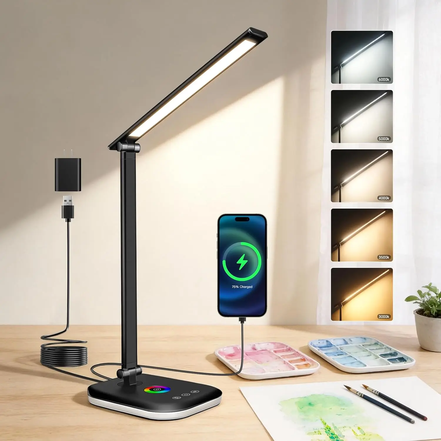 Bright LED Desk Lamp for Office Home, 10%-100% Dimmable Brightness & 5 Color, 800 Lumen Puzzle Light, Eye Caring Desk Light for Reading, Craft, Puzzl, Daily Use| USB desk lamp| 45 Min Timer| RGB