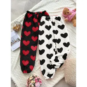 Women’s Heart Pattern Plush Sleep Pants Set, Korean Style Cute Homewear, Soft Comfortable Lounge Shorts, 2-Piece Pack