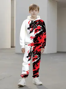 Boys' Dragon Hoodie Set, Casual Slim Fit Tracksuit, Spring & Fall Wear, No Zipper, Without Collar, Trendy National Style