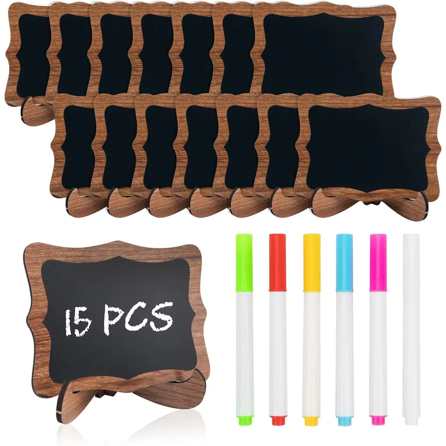 15-Count Wave Wooden Mini Chalkboard Signs Set - 2.9x3.9in Brown Grain Smooth Surface, 6-Color Erasable Chalk Markers for Chalk Writing, Office Stationery Table Number/Message Boards, Parties