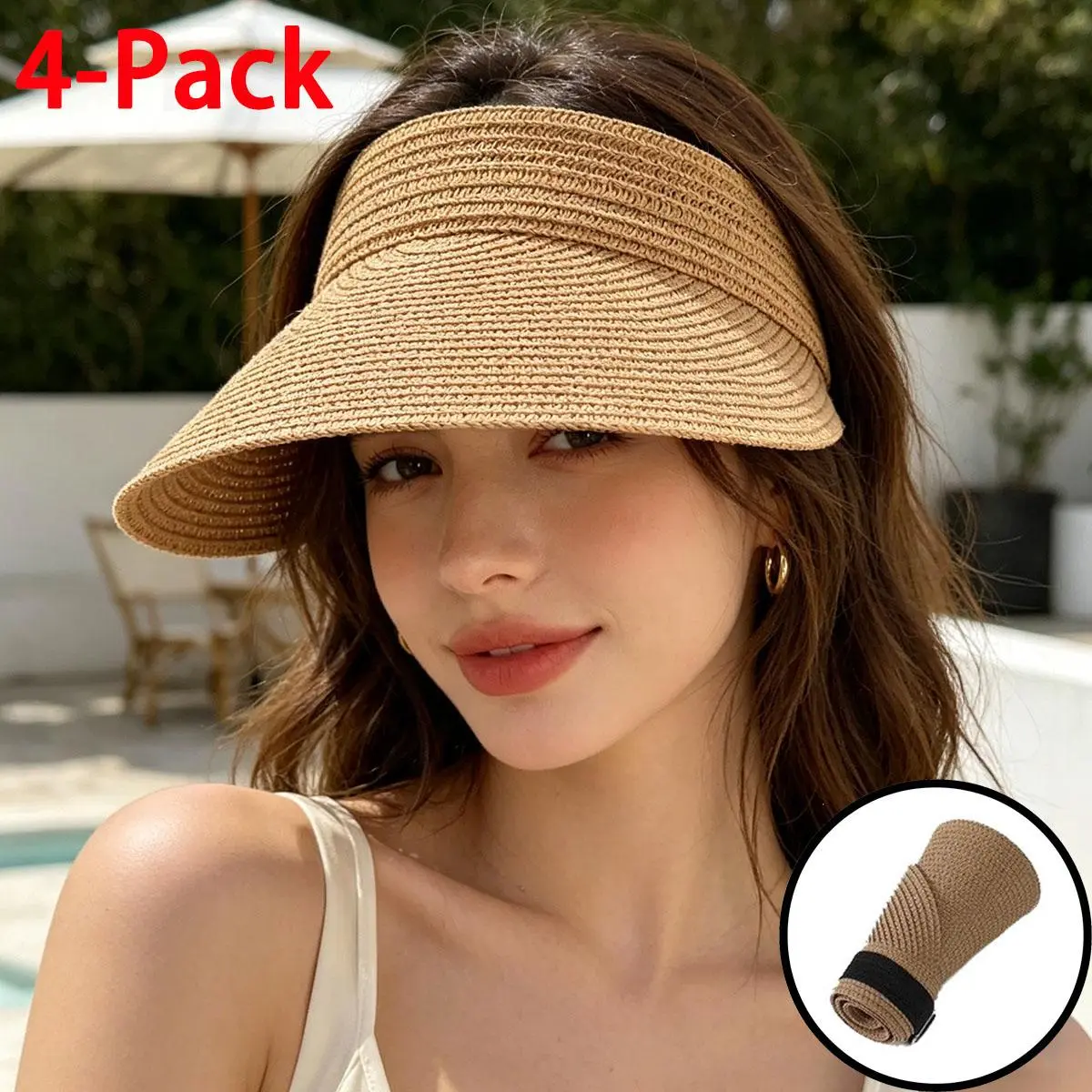 4-Pack Fashion Straw Sun Visors for Women Wide Brim Hats Roll-Up Foldable Summer Beach Visor Hat Outdoor Sun Hat Protective Cover summerwins,camping essentials tiktokshopbacktoschool
